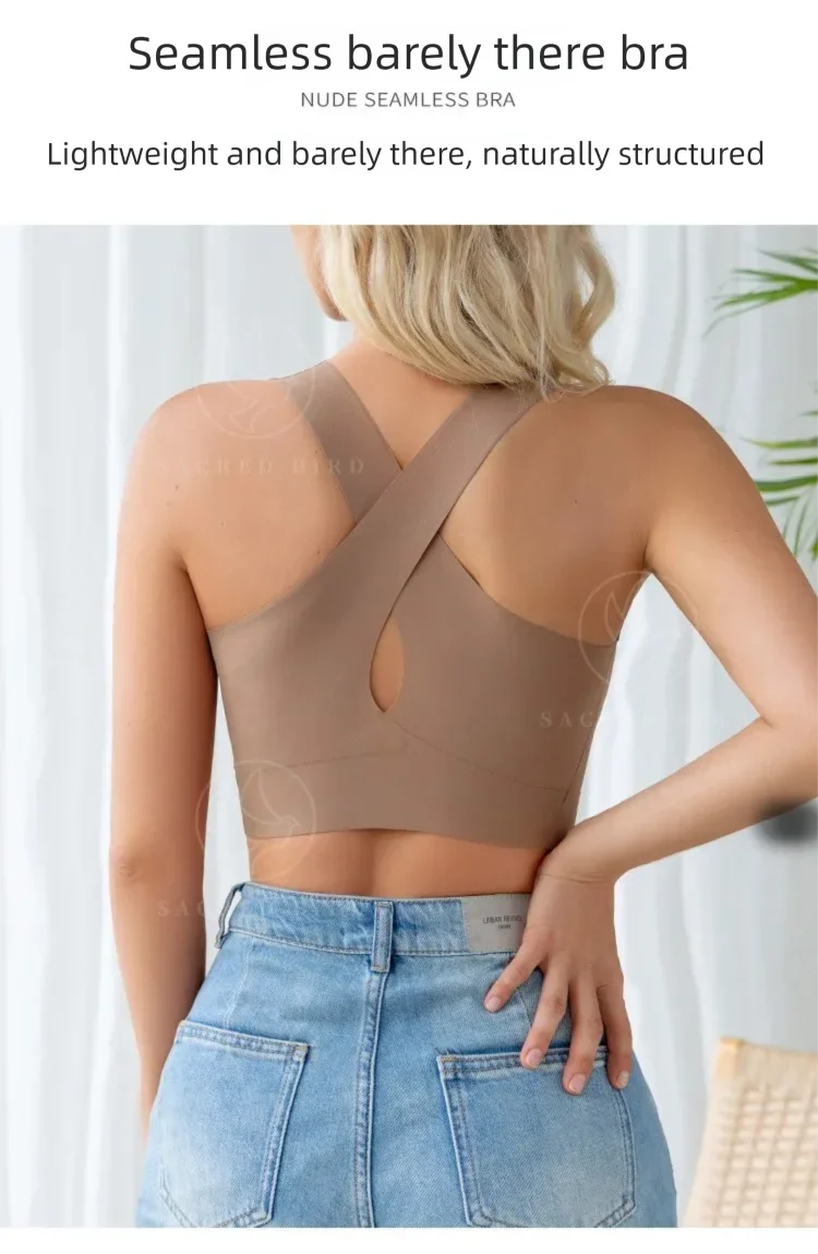 Fashionable seamless one-piece thin breathable sports bra sexy and beautiful back women's no steel ring cross shoulder strap br