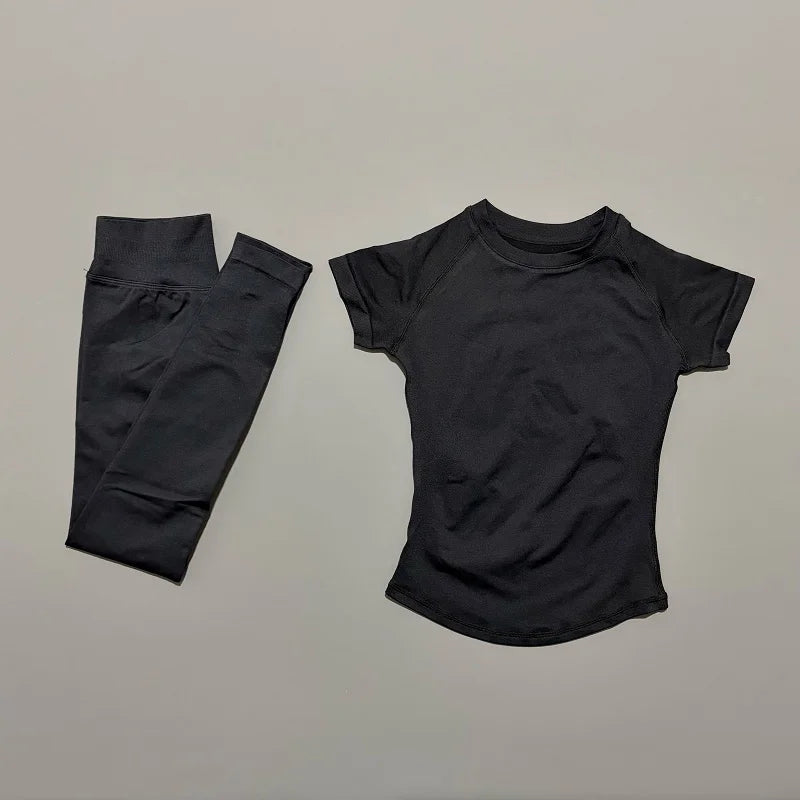 2 Pieces Impact Sports Sets  Short Sleeve Seamless Yoga Top Fitness Set Women Workout Running Sports Leggings Gym Suit
