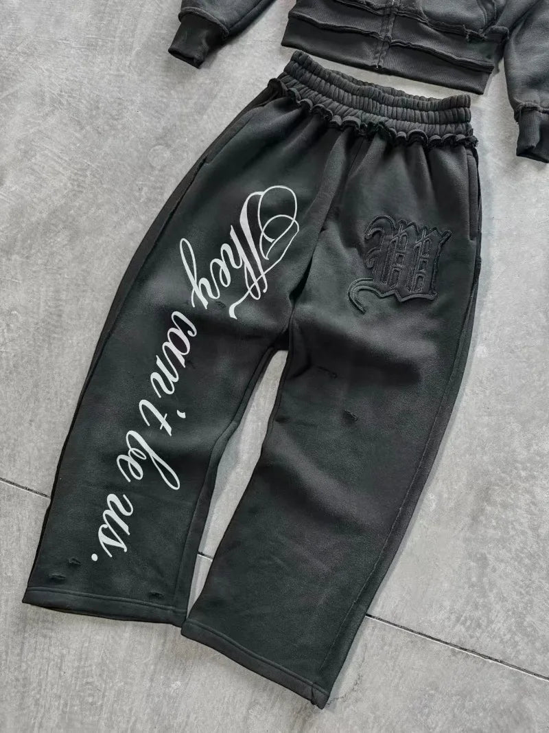 Y2K High Street Retro perforated patchwork double Hat Men Set Punk Hip-hop aged personality top hoodie Couple casual sportswear