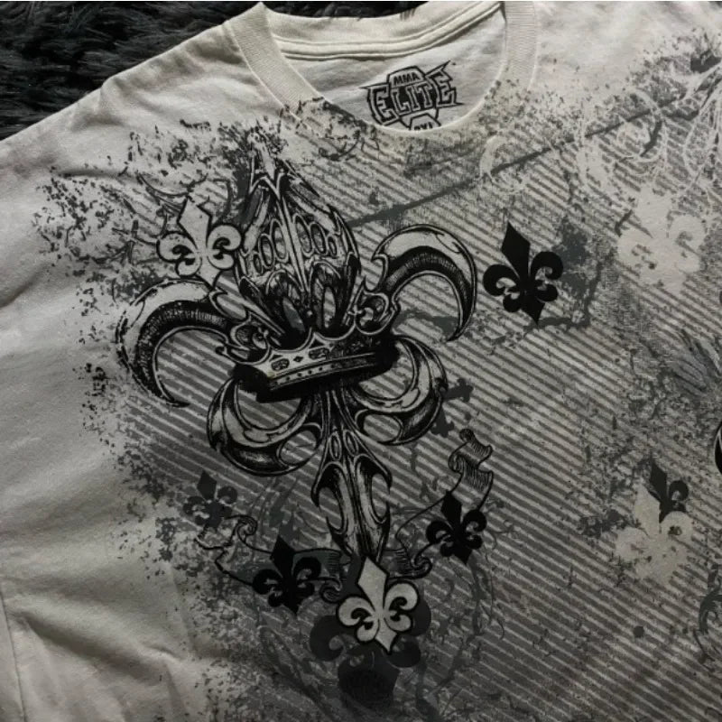 90s American Suffering Trendy Retro Fashion Print Round Neck Short Sleeved T shirt Women Y2K Street Style Gothic Couple Sports