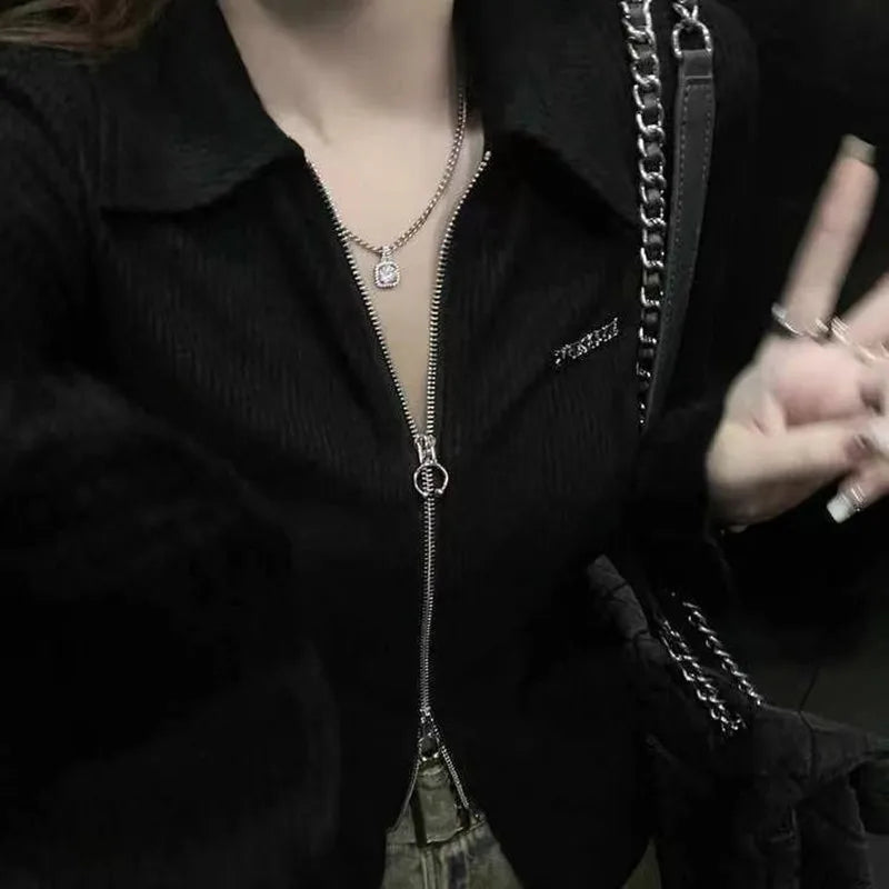 Y2K Slim Fit Zipper Black T-Shirt for Women 2026 Spring New Long Sleeve Fitted Top Woman Chic Street Style Sexy Knitted Crop Tee