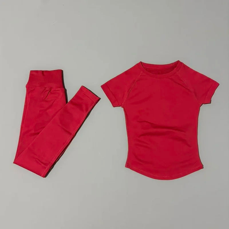 2 Pieces Impact Sports Sets  Short Sleeve Seamless Yoga Top Fitness Set Women Workout Running Sports Leggings Gym Suit