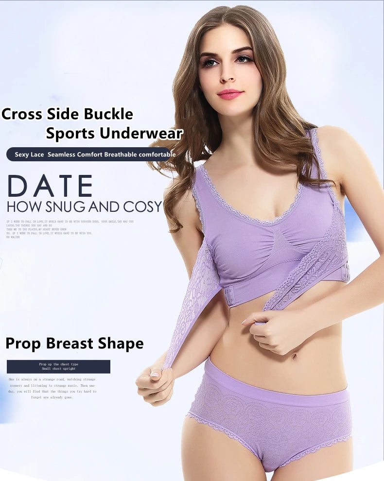 S-4XL Cross Side Buckle Sports Bra Sexy Lace Womens Underwear Thin No Rims Together Brassiere Seamless Shock-proof yoga Bralette