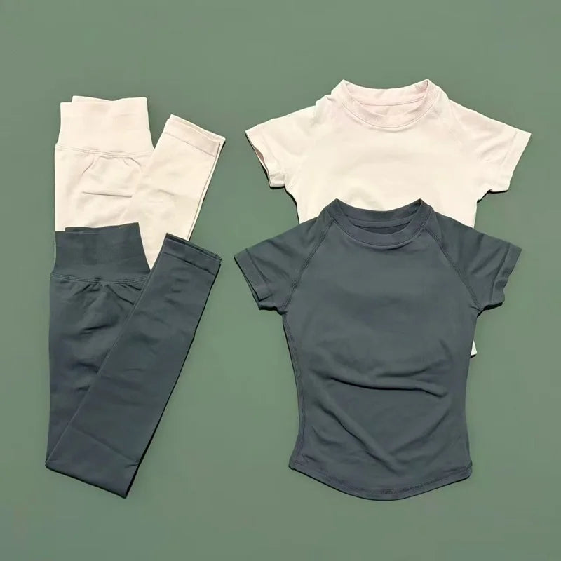 2 Pieces Impact Sports Sets  Short Sleeve Seamless Yoga Top Fitness Set Women Workout Running Sports Leggings Gym Suit