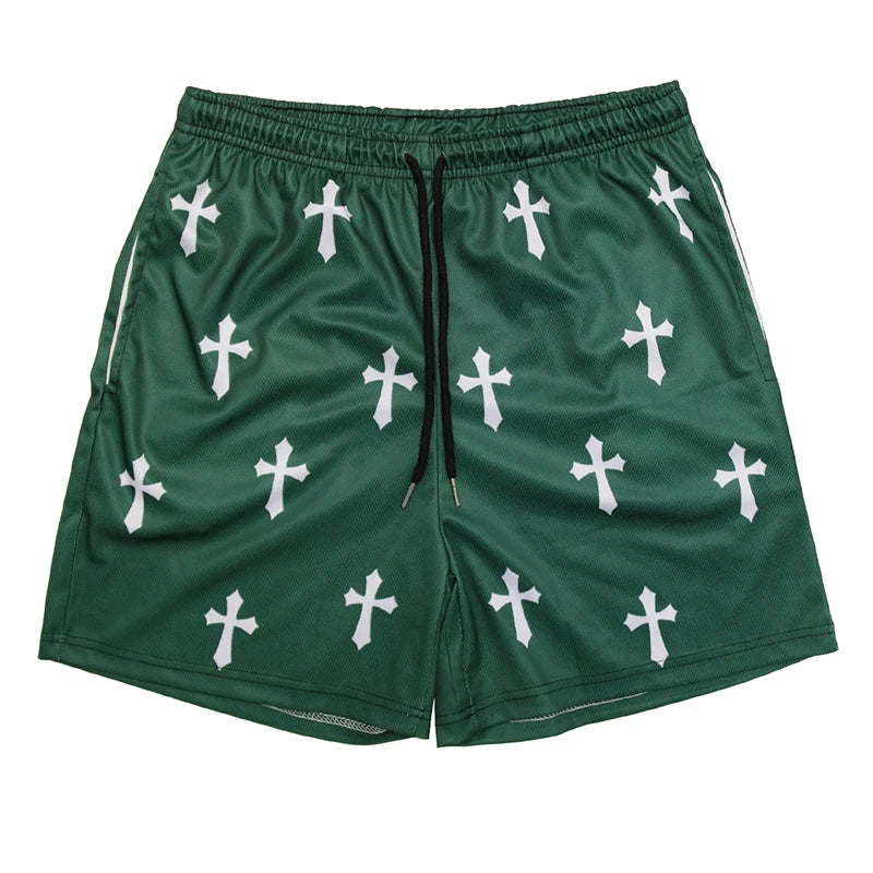 Y2K Christian Angel Cross Print Gym Shorts for Men Active Track Shorts with Pockets Athletic Workout Training Running Jogging