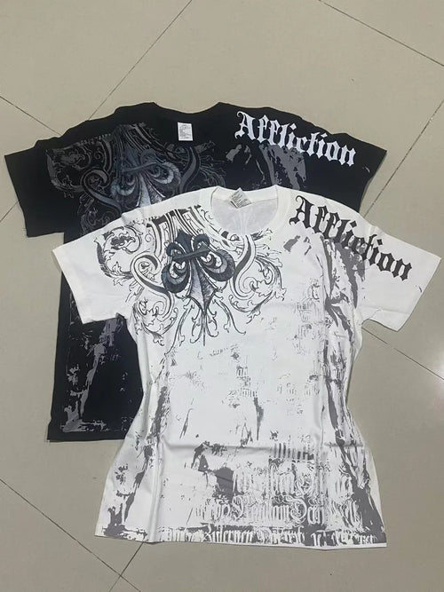 Affliction Out Of Print Short Sleeves Woman Hip Hop Black T Shirt Couple Y2K High Street Pure Cotton Tops Aesthetic Clothes