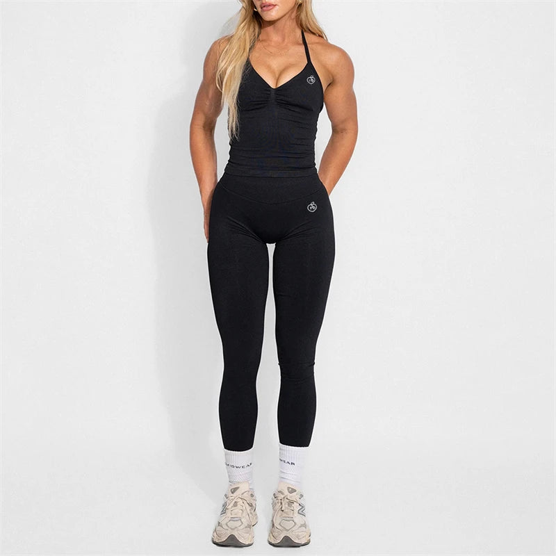 Women's Yoga Set Bum Balance Fitted Halter Tops & Shaping Pants 2pcs Yoga Sportwear Workout Gym Clothing High Waist Leggings Set