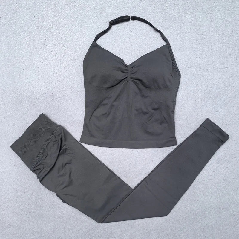 Seamless Yoga Set Women 2Pcs Padded Halter Tank Top Scrunch Butt Lifting Gym Leggings Set Woman Sportswear Workout Clothes