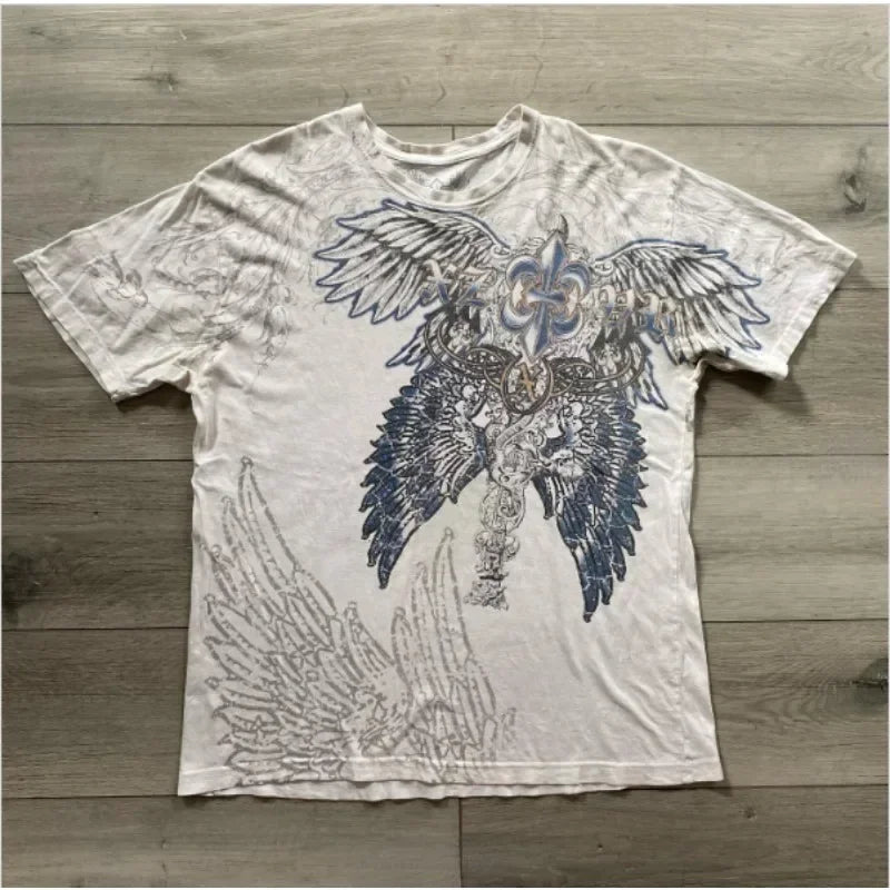 90s American Suffering Trendy Retro Fashion Print Round Neck Short Sleeved T shirt Women Y2K Street Style Gothic Couple Sports