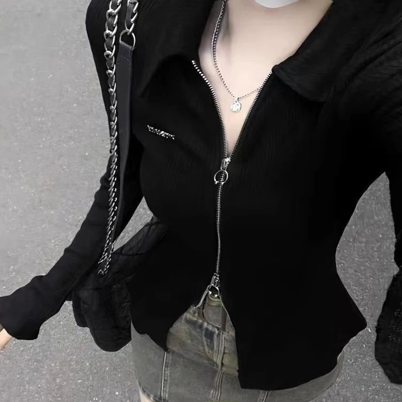 Y2K Slim Fit Zipper Black T-Shirt for Women 2026 Spring New Long Sleeve Fitted Top Woman Chic Street Style Sexy Knitted Crop Tee