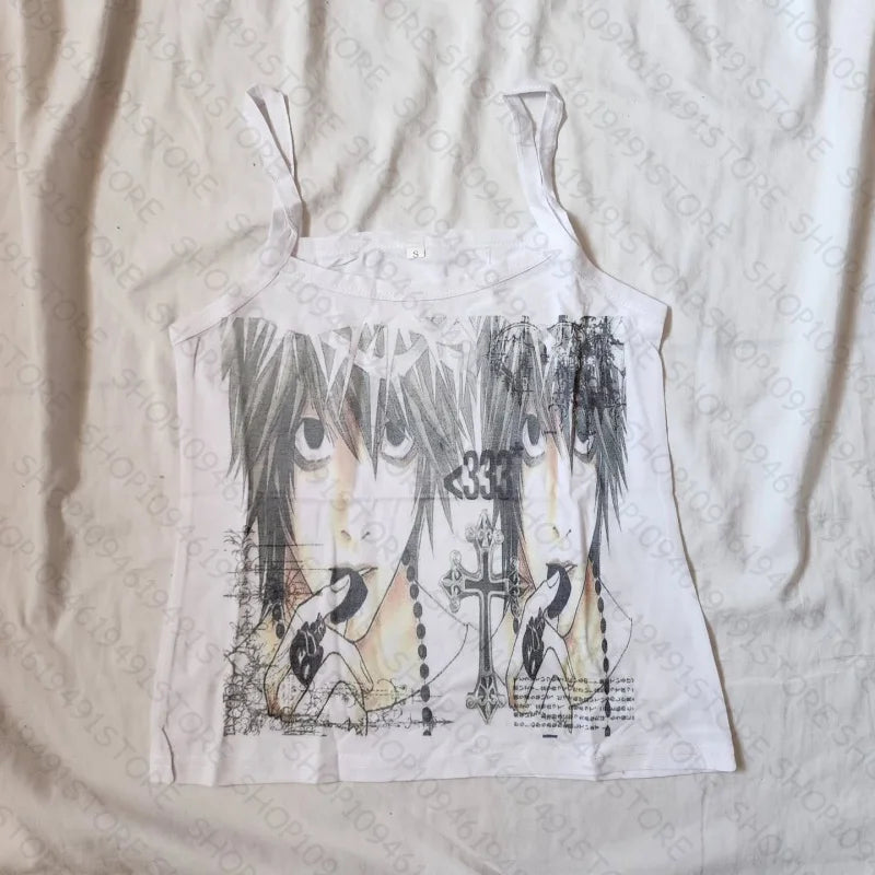 Vintage Y2k Style Clothes Letter Graphic Print Grunge Gothic Punk Slim Crop Top Camisole Female Tank Top Baby Tee 2000s Emo Girl
