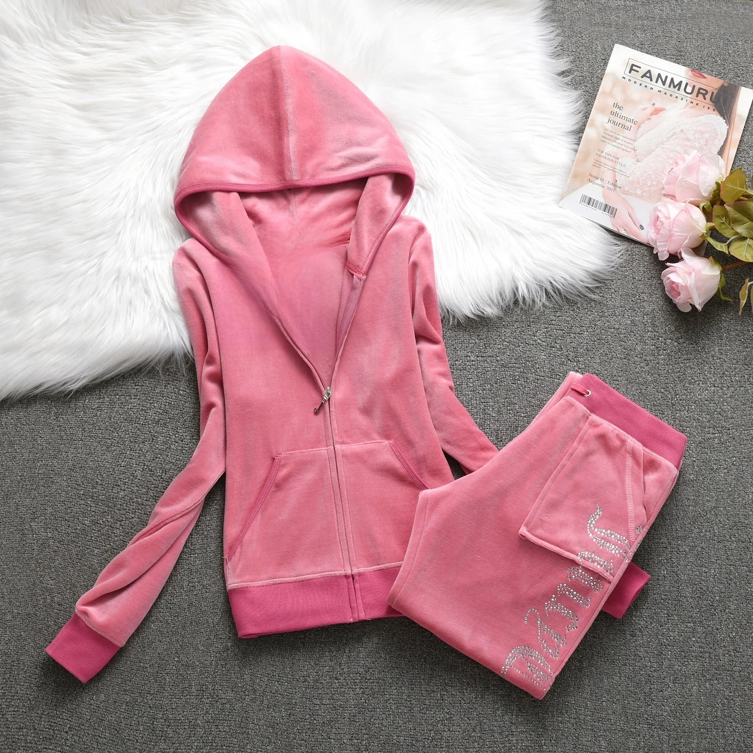Winter Velvet Tracksuit for Women Juicy Tracksuit Heavy Duty Fleece Lined Hoodie and Pants Set | Solid Color Warm Jogger Outfit