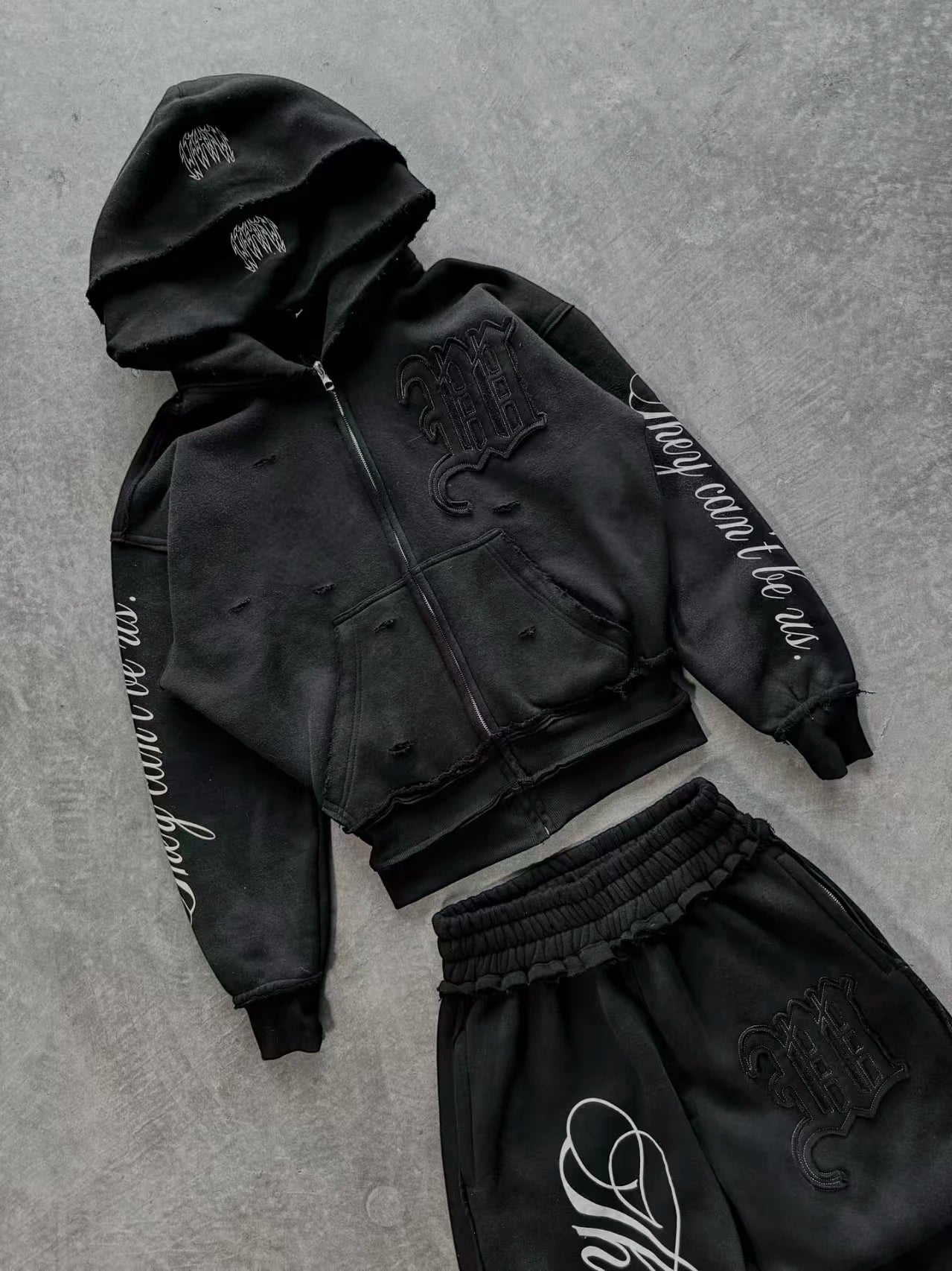 Y2K High Street Retro perforated patchwork double Hat Men Set Punk Hip-hop aged personality top hoodie Couple casual sportswear