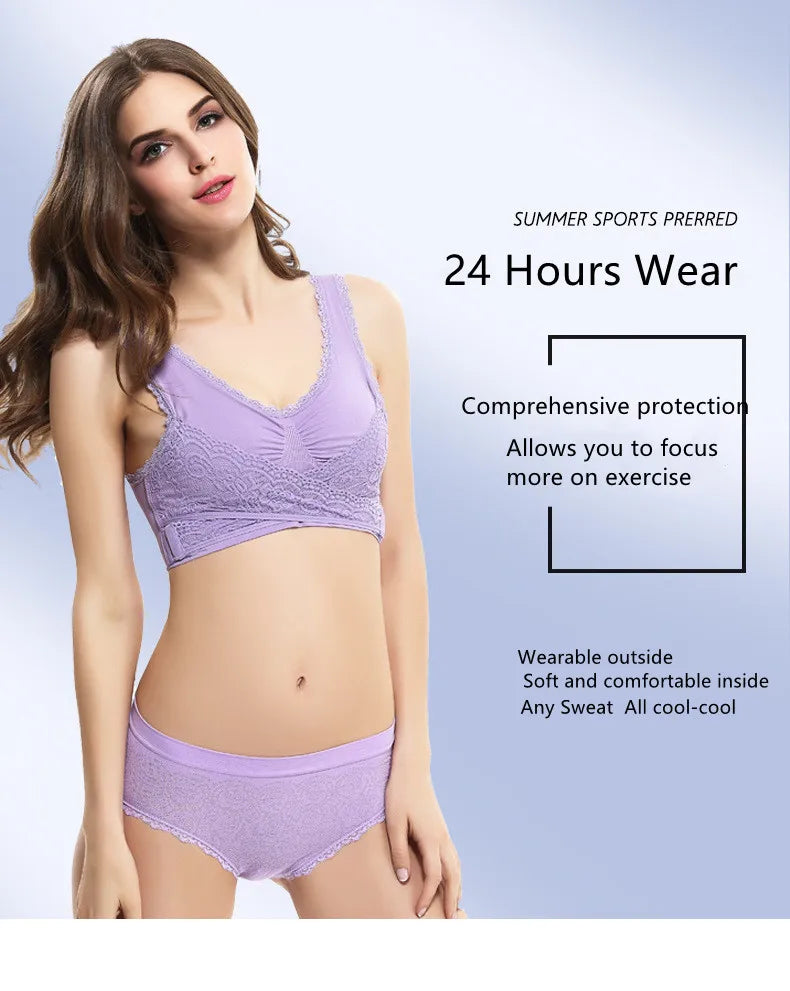 S-4XL Cross Side Buckle Sports Bra Sexy Lace Womens Underwear Thin No Rims Together Brassiere Seamless Shock-proof yoga Bralette