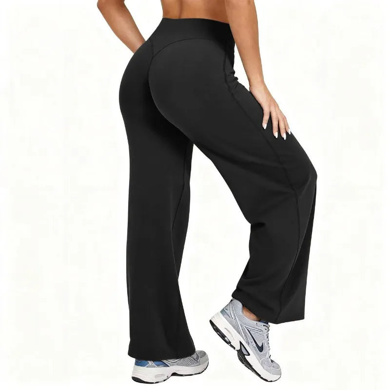 Women Plus Size Yoga Wide-leg Pants High Waist Stretchy Solid Color Leggings Running Pilates Sports Fashion Straight-Leg Pants