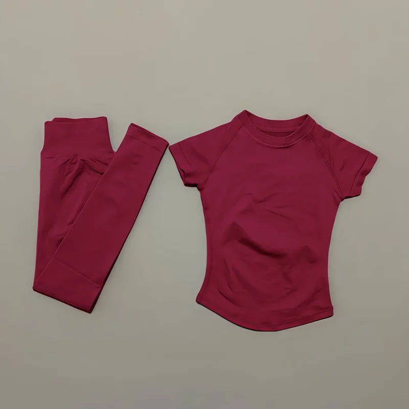 2 Pieces Impact Sports Sets  Short Sleeve Seamless Yoga Top Fitness Set Women Workout Running Sports Leggings Gym Suit