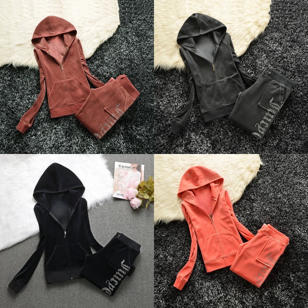 Winter Velvet Tracksuit for Women Juicy Tracksuit Heavy Duty Fleece Lined Hoodie and Pants Set | Solid Color Warm Jogger Outfit