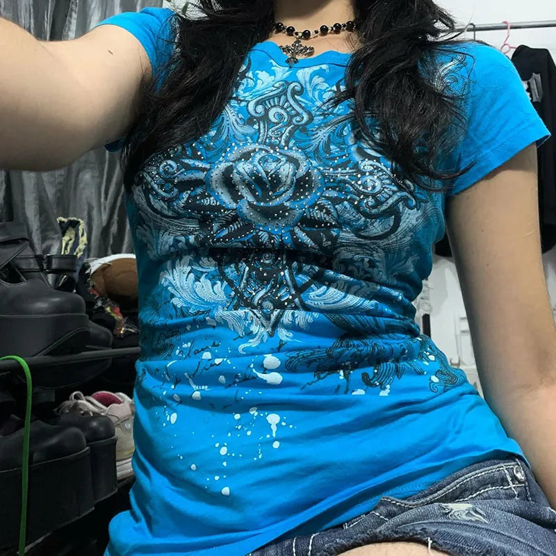 Women's Y2k Grunge T-Shirts 2000s Vinage Rhinestone Print Heart Rose T-Shirt Aesthetics Harajuku Round Neck Tops street fashion