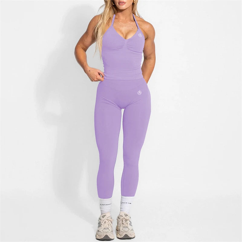 Women's Yoga Set Bum Balance Fitted Halter Tops & Shaping Pants 2pcs Yoga Sportwear Workout Gym Clothing High Waist Leggings Set