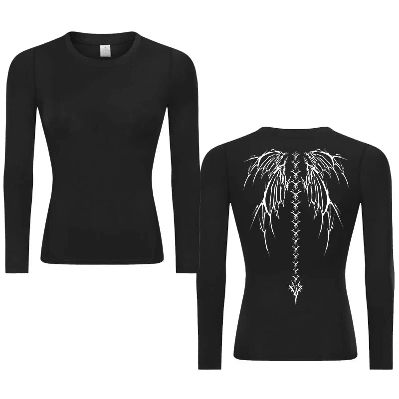 Graphic Print Compression Shirt for Women Gym Athletic Workout Running Quick Dry T-Shirts Spring Fall Long Sleeve Baselayer Tops
