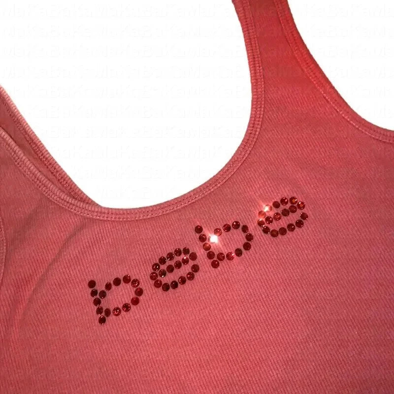 Summer Y2k Women's Corset Tank Top Baby Tee Rhinestone letters Print Vintage Streetwear t-shirt Gothic Slim Fit Sports Top