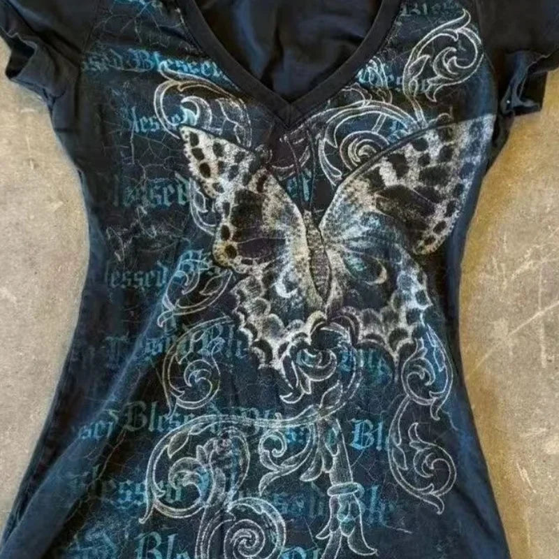 Harajuku Fairy Cropped Butterfly Printing T Shirts Vintage Grunge Streetwear Tops Women Summer Y2k Aesthetic Casual Crop Tshirts