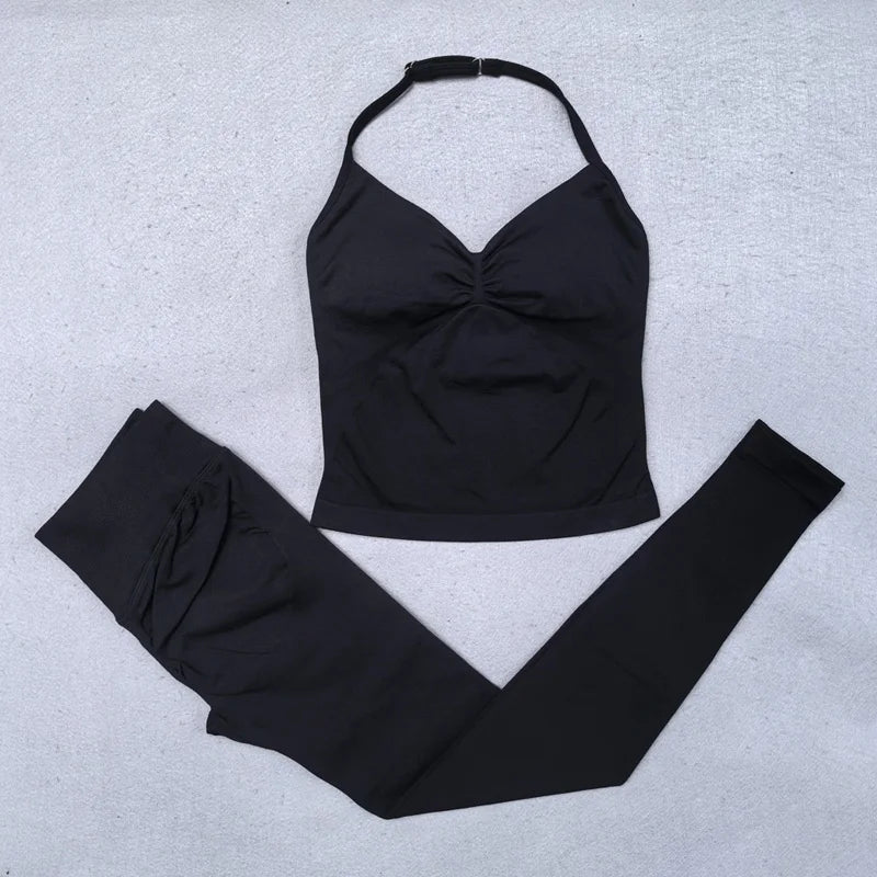Seamless Yoga Set Women 2Pcs Padded Halter Tank Top Scrunch Butt Lifting Gym Leggings Set Woman Sportswear Workout Clothes