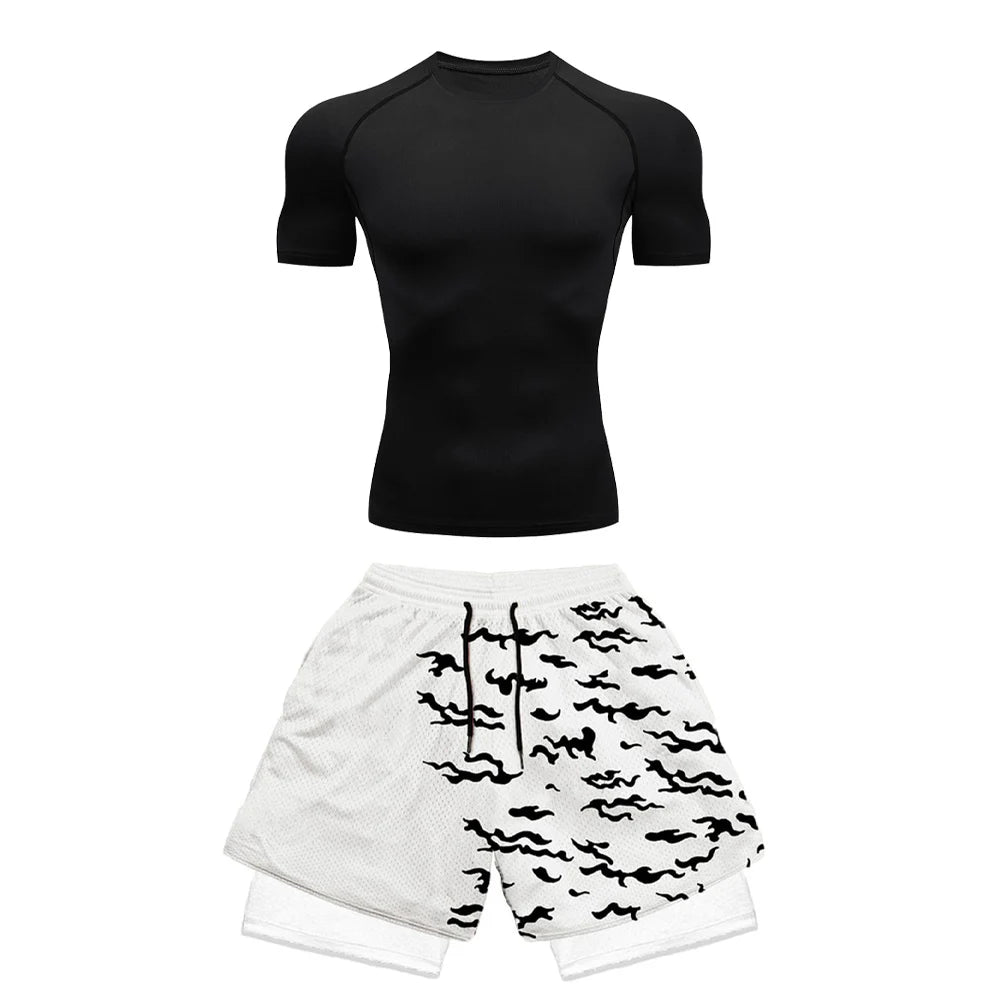 2PCS Anime Compression Sportswear Suit Men's Fitness Set Quick Dry Gothic Compression Shirt+Harajuk 2 in 1 Gym Shorts Summer