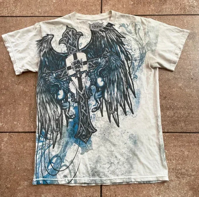 90s American Suffering Trendy Retro Fashion Print Round Neck Short Sleeved T shirt Women Y2K Street Style Gothic Couple Sports