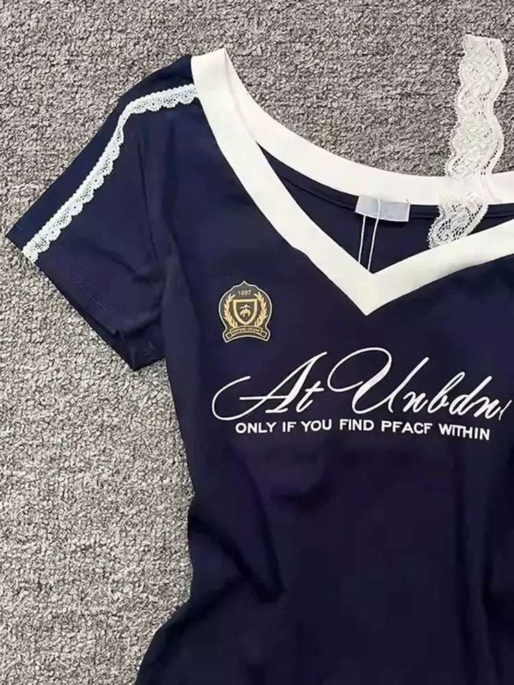 Millennium style Gothic Hot Girl Waist Splicing Lace Strap Short Sleeve T-shirt for Women 2025 New Summer navy blue slim fit top