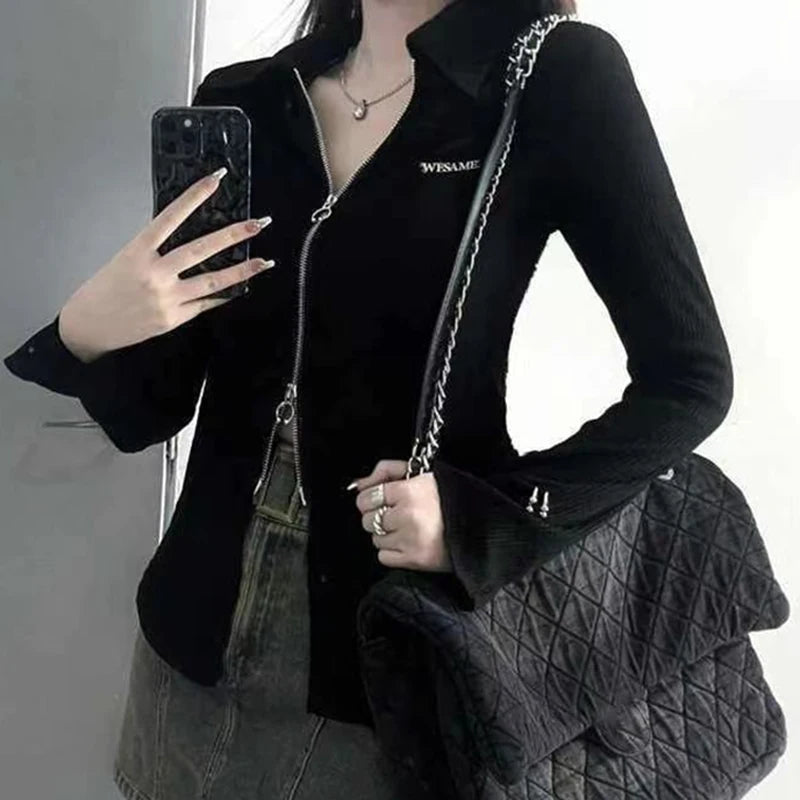 Y2K Slim Fit Zipper Black T-Shirt for Women 2026 Spring New Long Sleeve Fitted Top Woman Chic Street Style Sexy Knitted Crop Tee