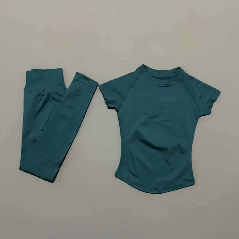 2 Pieces Impact Sports Sets  Short Sleeve Seamless Yoga Top Fitness Set Women Workout Running Sports Leggings Gym Suit