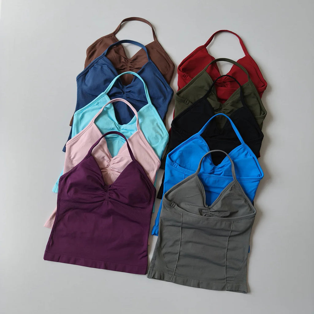 NO LOGO Women's Longline Strappy Backless Gym Top Scrunch Workout Open Back Bra Tank Top for Running Yoga Shirt