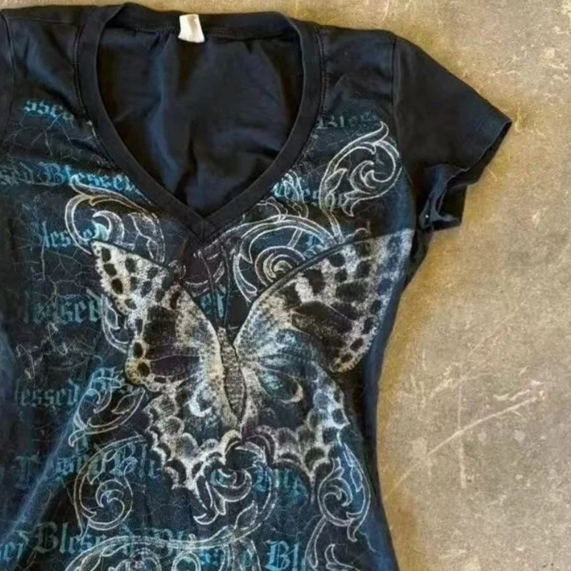 Harajuku Fairy Cropped Butterfly Printing T Shirts Vintage Grunge Streetwear Tops Women Summer Y2k Aesthetic Casual Crop Tshirts