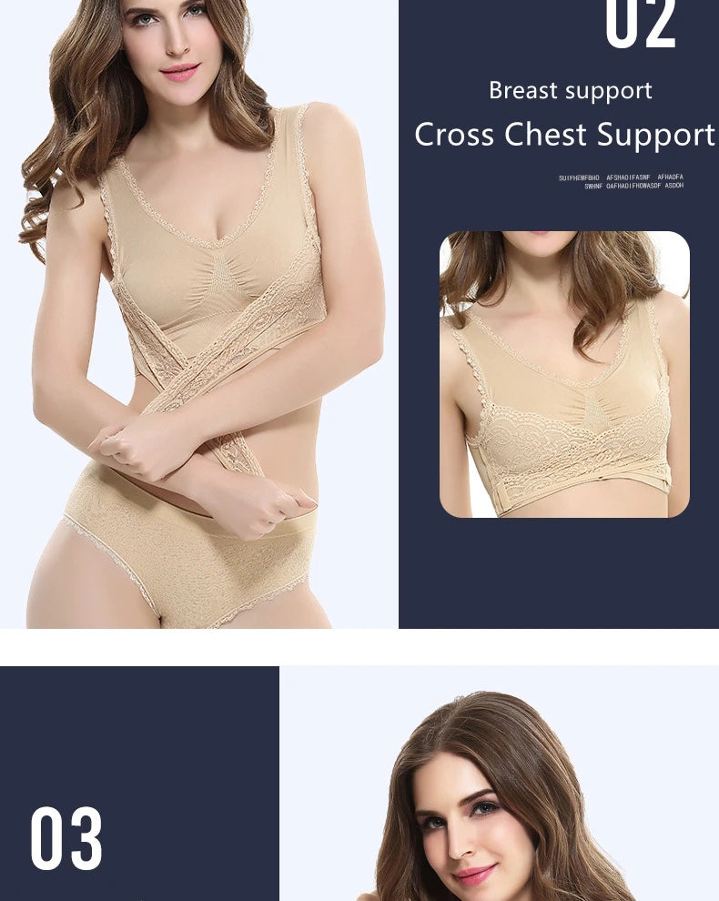 S-4XL Cross Side Buckle Sports Bra Sexy Lace Womens Underwear Thin No Rims Together Brassiere Seamless Shock-proof yoga Bralette