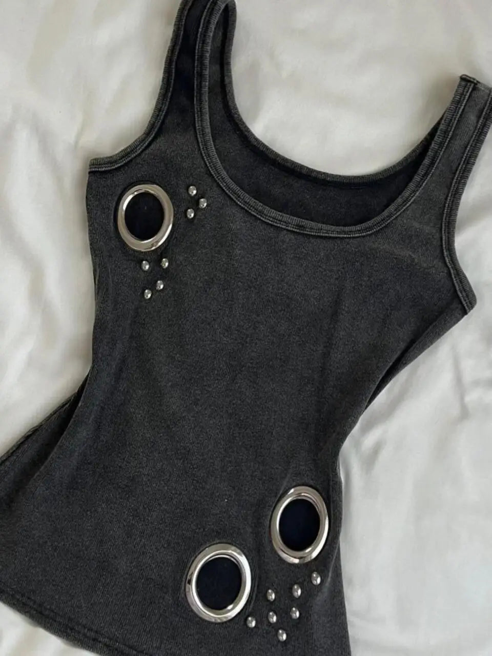 Summer new metal ring decoration slimming sleeveless women clothing retro washed fabric camisole vest for women