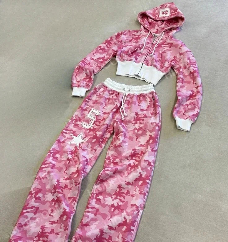 Pink Letter Graphic Zipper Sportswear Clothes  Y2K FashionWomen's Casual Short Top Set Sweatshirt Loose Sport Pants