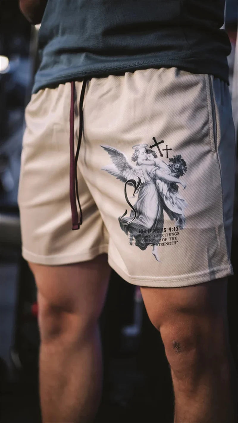 Y2K Christian Angel Cross Print Gym Shorts for Men Active Track Shorts with Pockets Athletic Workout Training Running Jogging