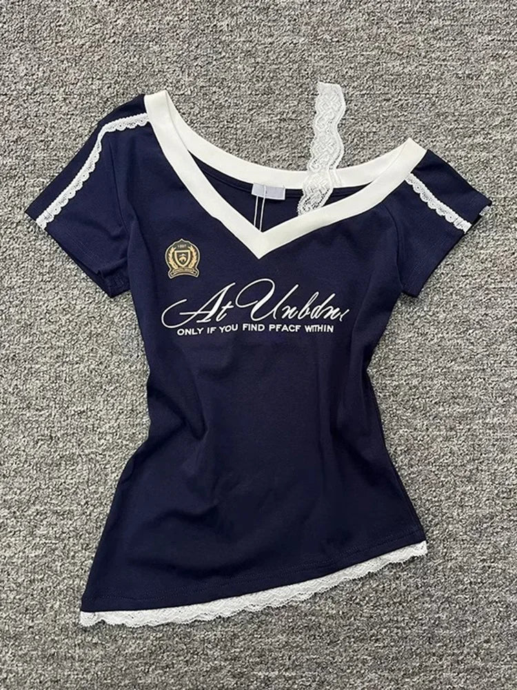 Millennium style Gothic Hot Girl Waist Splicing Lace Strap Short Sleeve T-shirt for Women 2025 New Summer navy blue slim fit top
