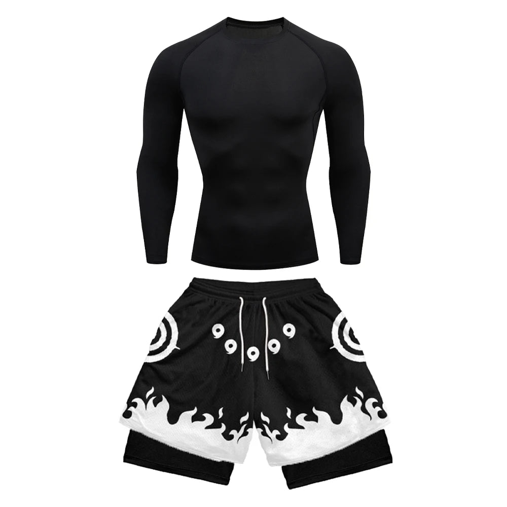 2PCS Anime Compression Sportswear Suit Men's Fitness Set Quick Dry Gothic Compression Shirt+Harajuk 2 in 1 Gym Shorts Summer