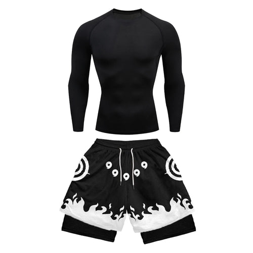 2PCS Anime Compression Sportswear Suit Men's Fitness Set Quick Dry Gothic Compression Shirt+Harajuk 2 in 1 Gym Shorts Summer