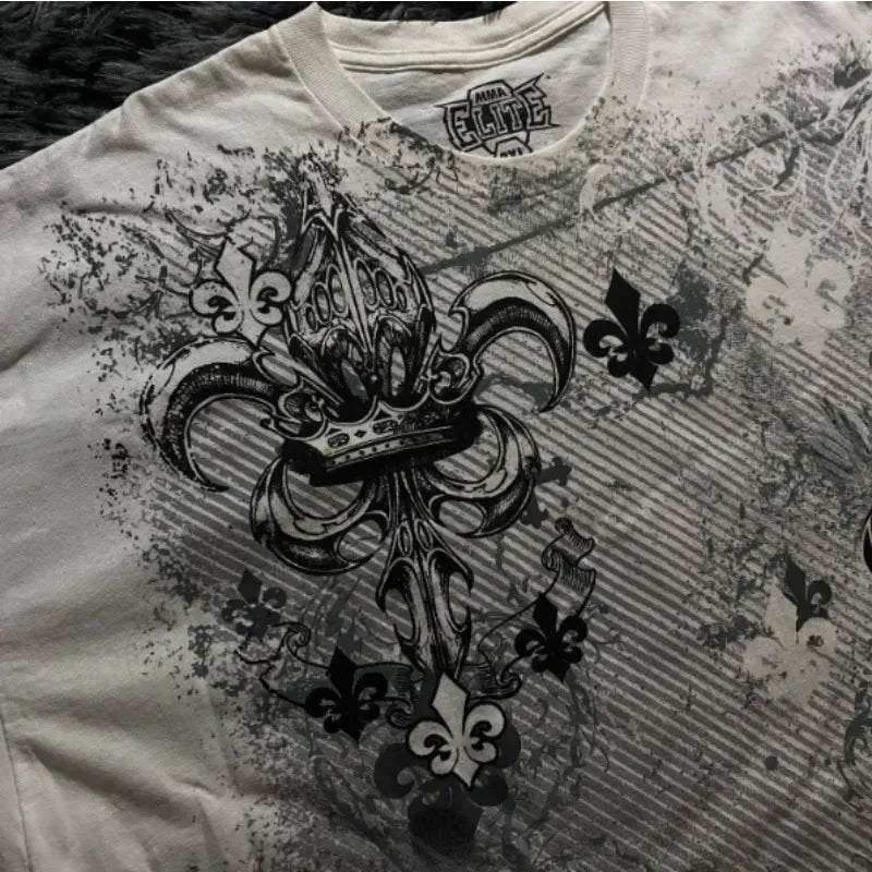 90s American Suffering Trendy Retro Fashion Print Round Neck Short Sleeved T shirt Women Y2K Street Style Gothic Couple Sports