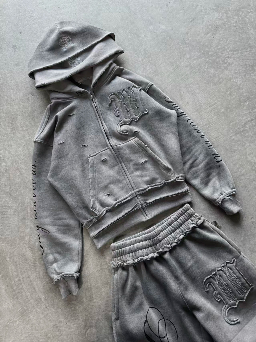 Y2K High Street Retro perforated patchwork double Hat Men Set Punk Hip-hop aged personality top hoodie Couple casual sportswear