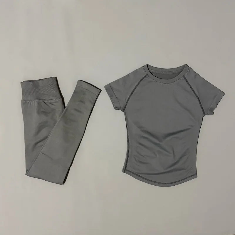 2 Pieces Impact Sports Sets  Short Sleeve Seamless Yoga Top Fitness Set Women Workout Running Sports Leggings Gym Suit