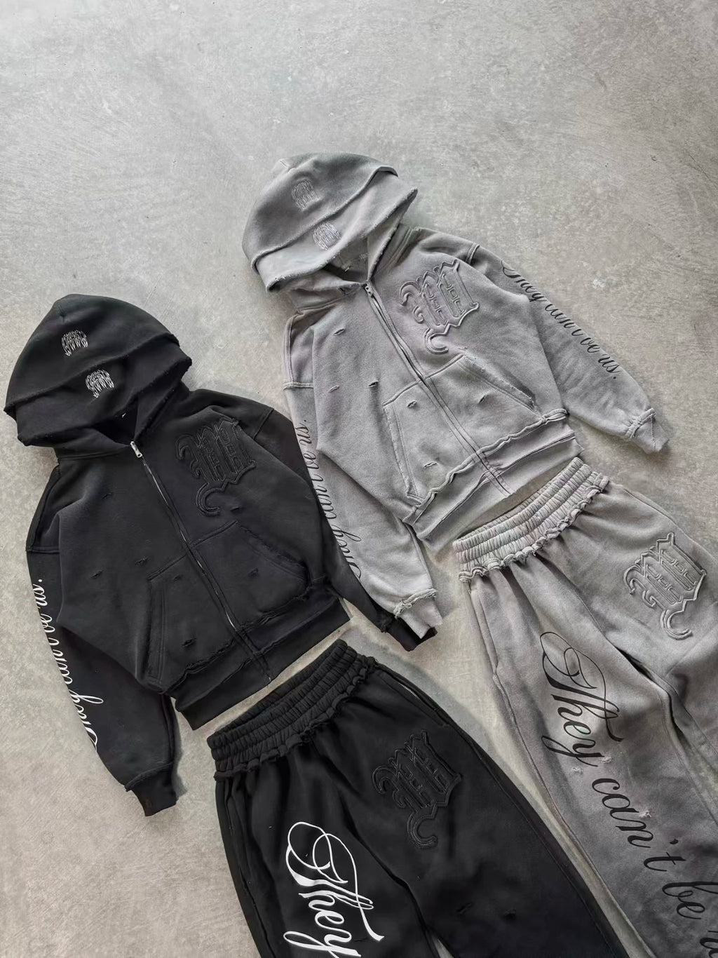 Y2K High Street Retro perforated patchwork double Hat Men Set Punk Hip-hop aged personality top hoodie Couple casual sportswear