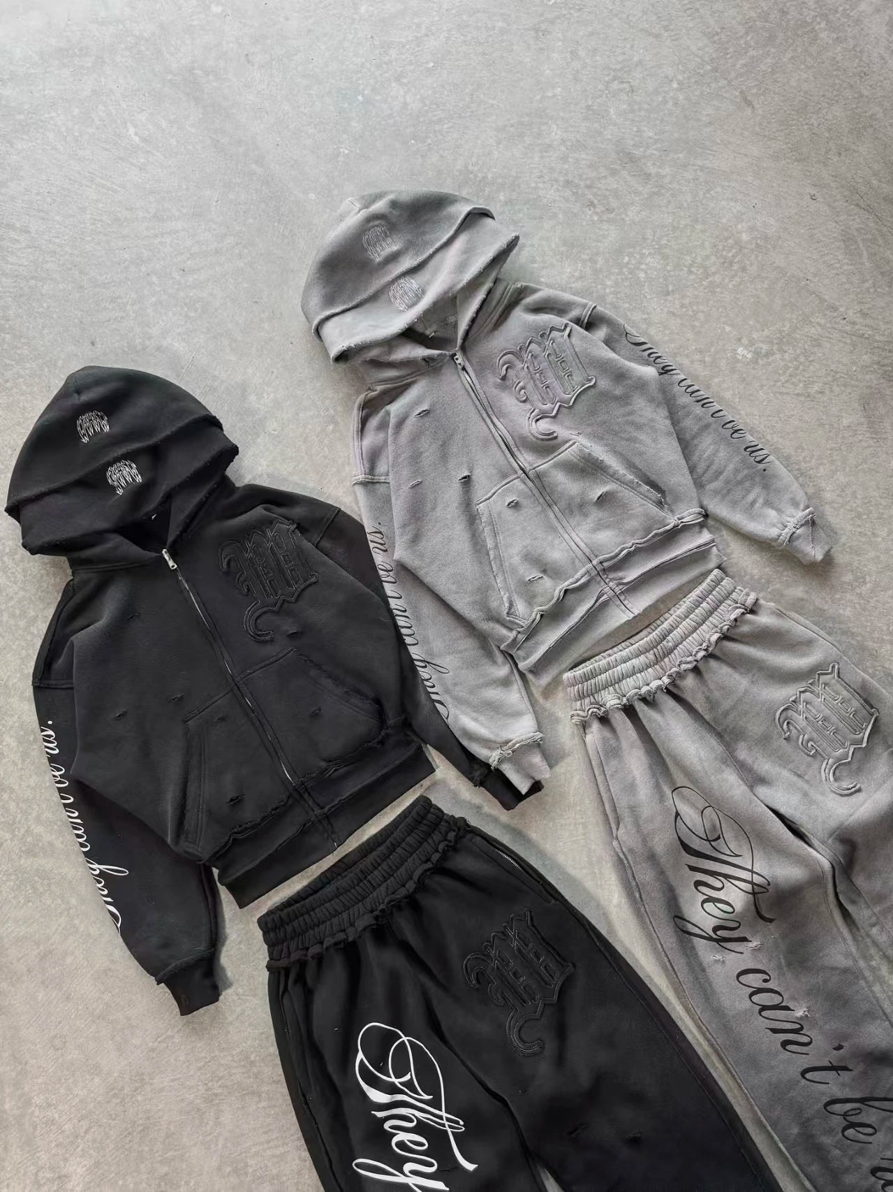 Y2K High Street Retro perforated patchwork double Hat Men Set Punk Hip-hop aged personality top hoodie Couple casual sportswear