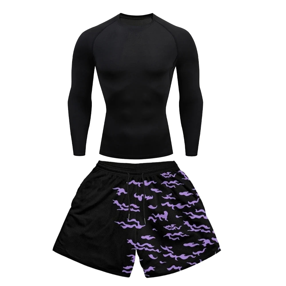 2PCS Anime Compression Sportswear Suit Men's Fitness Set Quick Dry Gothic Compression Shirt+Harajuk 2 in 1 Gym Shorts Summer