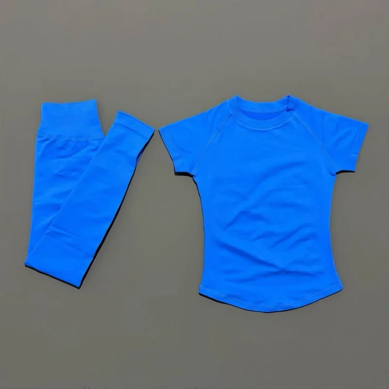 2 Pieces Impact Sports Sets  Short Sleeve Seamless Yoga Top Fitness Set Women Workout Running Sports Leggings Gym Suit