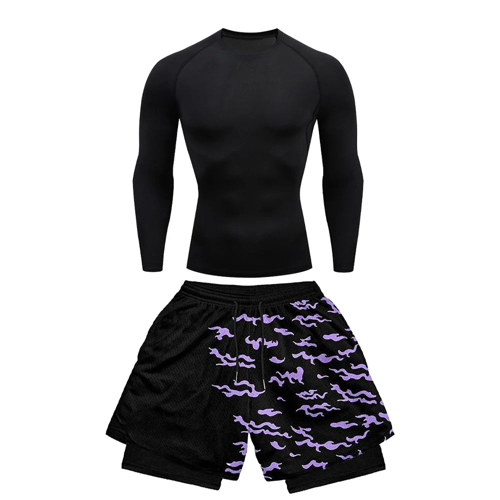 2PCS Anime Compression Sportswear Suit Men's Fitness Set Quick Dry Gothic Compression Shirt+Harajuk 2 in 1 Gym Shorts Summer
