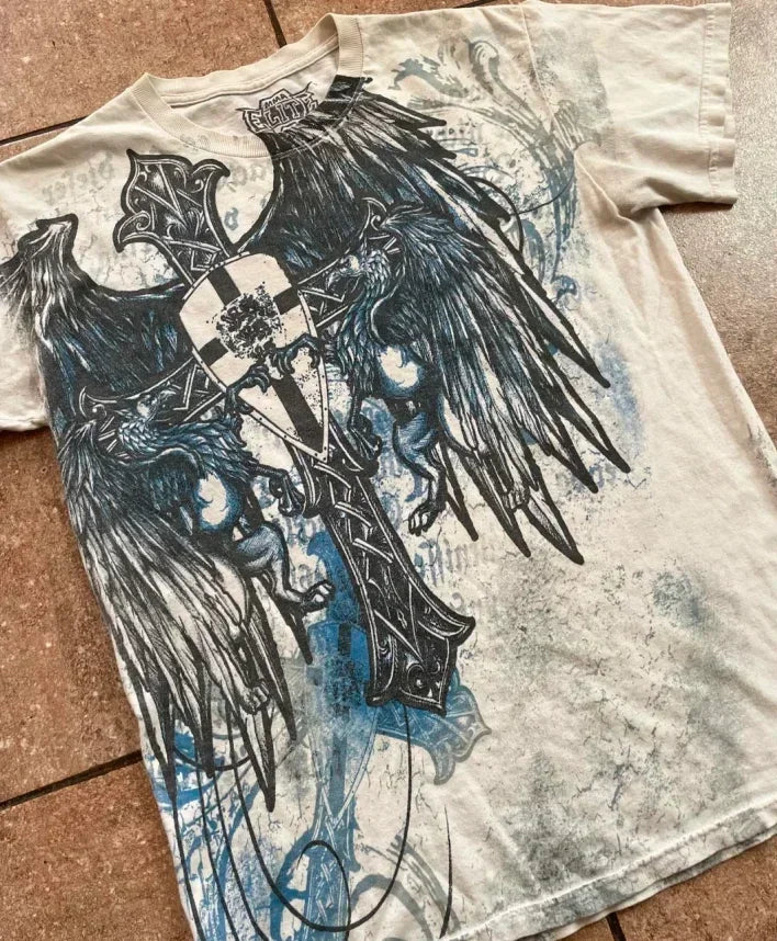 90s American Suffering Trendy Retro Fashion Print Round Neck Short Sleeved T shirt Women Y2K Street Style Gothic Couple Sports